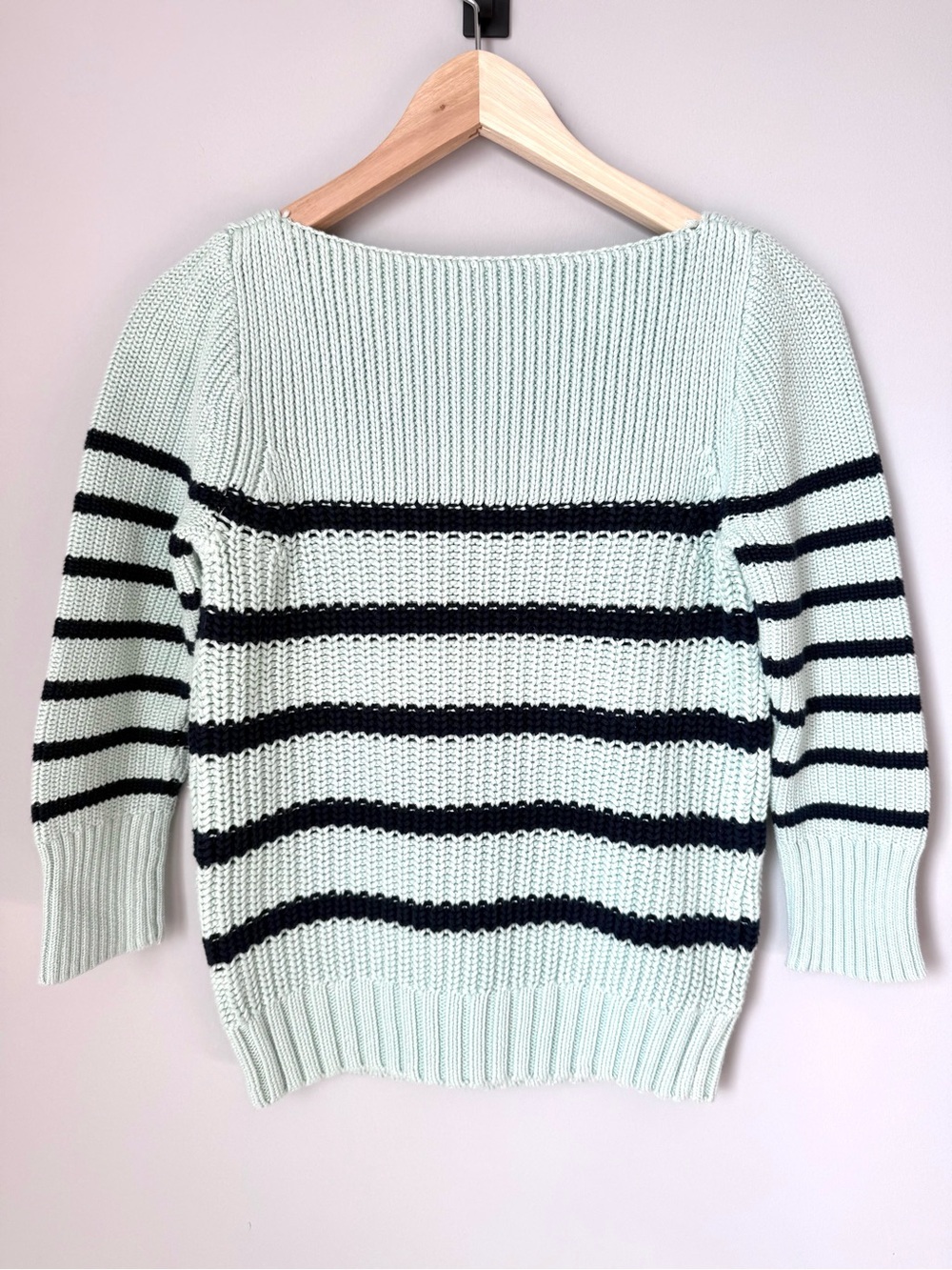 J. Crew Women's Mint Green & Navy Stripe Knit Sweater 3/4 Sleeve - Picture 3 of 3
